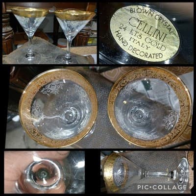 Set of 9 Cellini Italy Blown Crystal Martini Glasses - 24K Gold Hand Decorated - Image 1