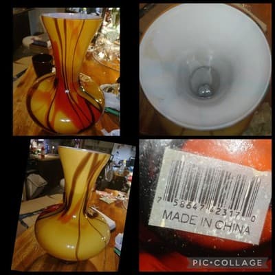 Modern Yellow Art Glass Vase Amber Swirl Cased White Interior Hand Blown Style - Image 1