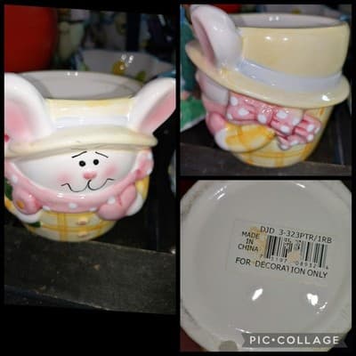 Vintage Style Ceramic Easter Bunny Cup Planter Tiered Tray Decor - Image 1