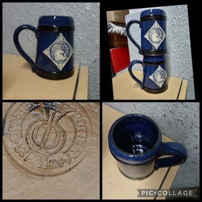 Pair 1986 MN Renaissance Festival Mugs Deneen Pottery Blue Diamond Medallion... - Image 1