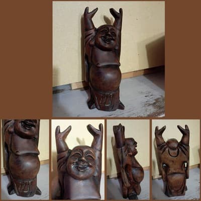Vintage Hand Carved Wood Happy Laughing Buddha Figurine Hotei Hands Up 8' - Image 1
