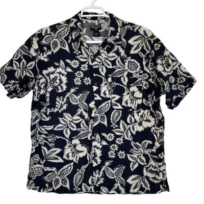 Polo Jeans Co Ralph Lauren Shirt Mens Medium Black White Hawaiian Rayon Floral - Image 1