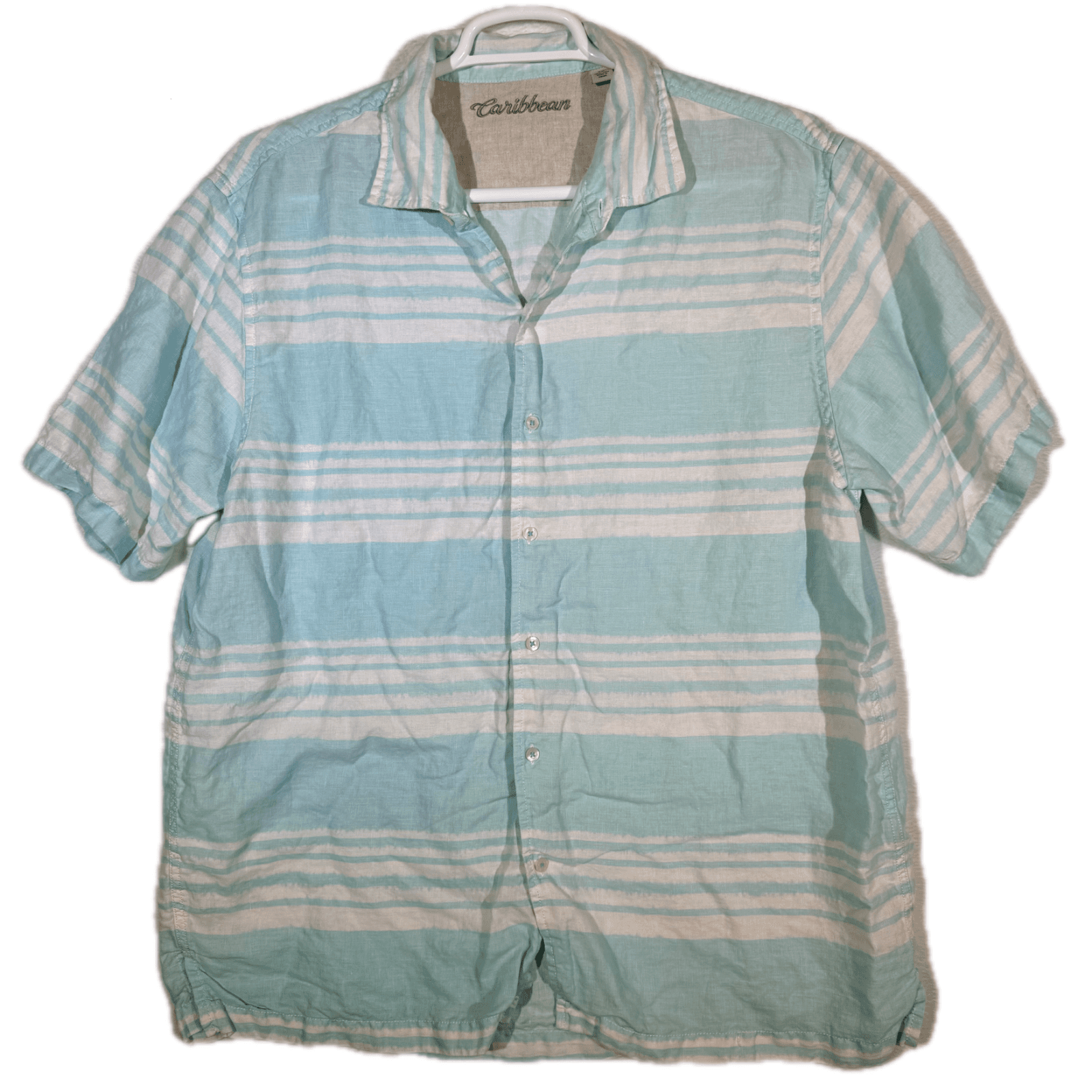 Caribbean Men’s XL Light Blue Striped Linen Hawaiian Shirt – 100% Linen, M559 - Image 1