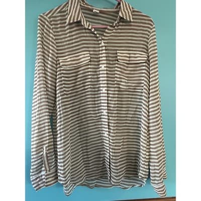 Old Navy Striped Button Down Shirt Womens Medium Brown White Long Sleeve Blouse - Image 1