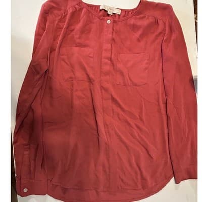 LOFT Blouse Womens SP Small Petite Red Coral Button Front Long Sleeve Top Pocket - Image 1