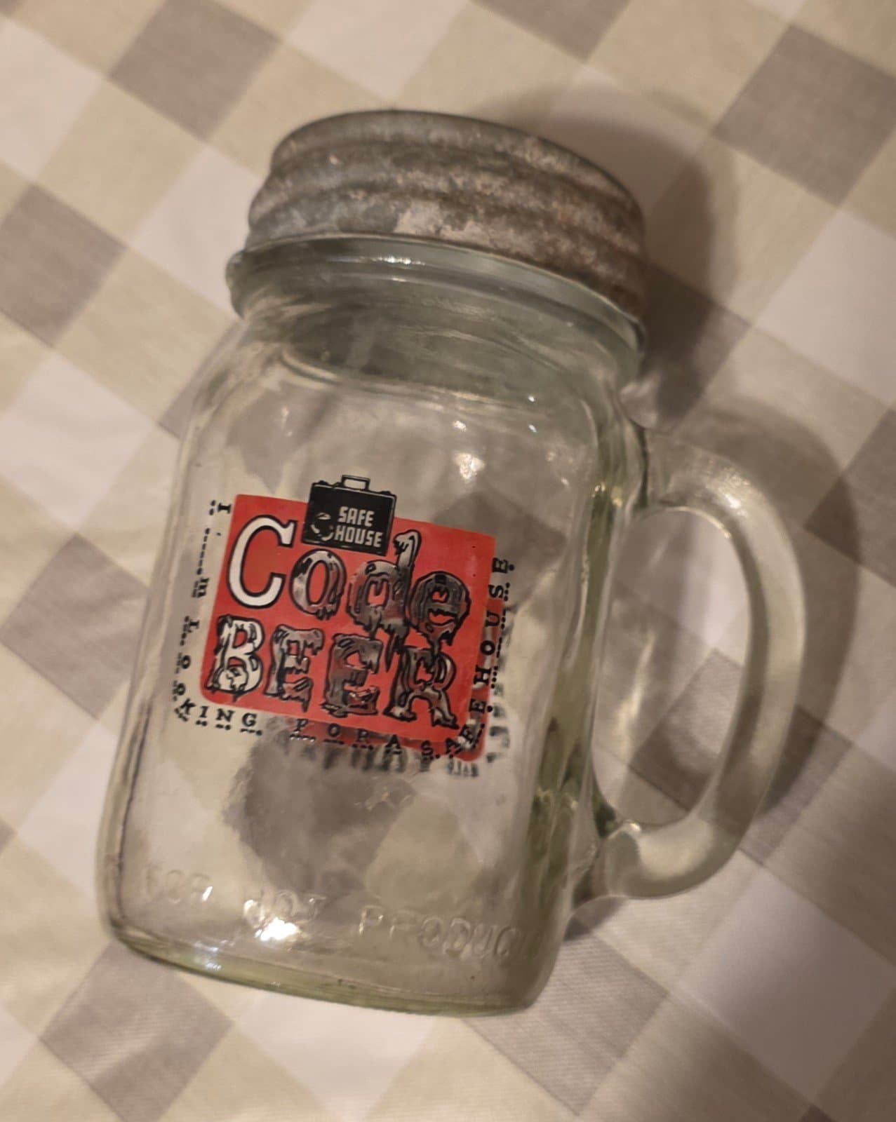 Safe House Milwaukee CODE BEER Jar 14 oz Mug Glass Red