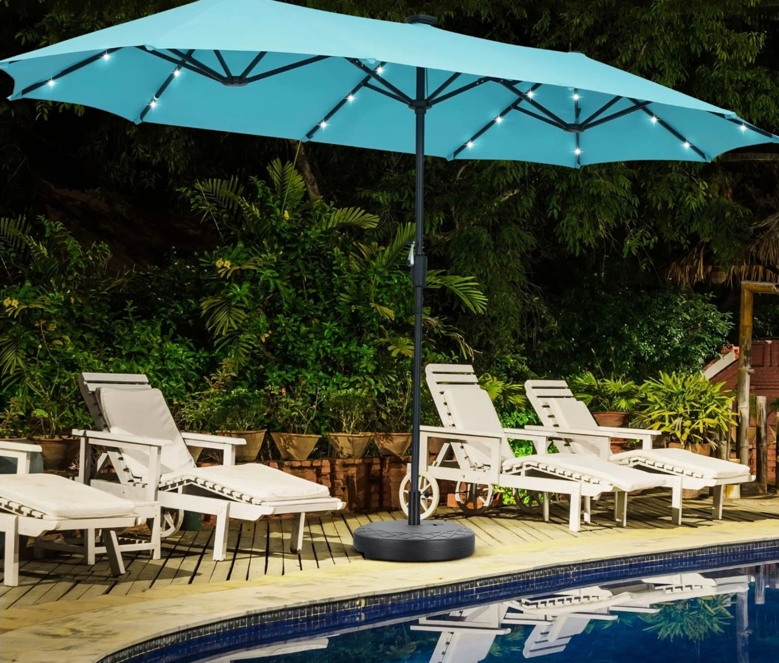 13' Patio Umbrella with 36 Solar Powered LED Lights & Matching Base