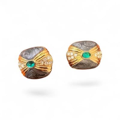 Vintage Y2K Gold Tone & Gunmetal Earrings Green Cabochon Rhinestone - Statement - Image 1