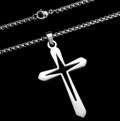 Men's Stainless Steel Cross Pendant Necklace, Silver Rolo Chain, 23.62in - Image 1