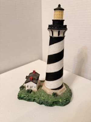 Lighthouse Figurine Hand Painted Black White Green Resin Nautical Sculpture - Image 1