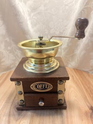 Vintage 1960s CAFFE Manual Burr Coffee Grinder Wood Brass Retro Hand Crank