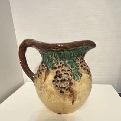 Majolica Style Ceramic Pitcher Grapevine Pattern Glossy Beige Brown Green Handle