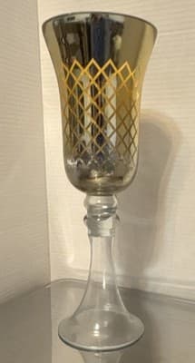 Glass candle holder, Clear & Gold, Geometric Pattern, Decorative Gold Accents
