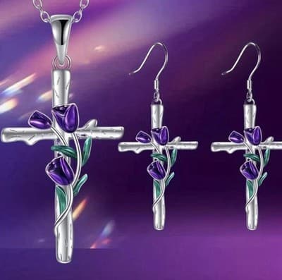 Easter cross With Purple Tulips. A Lovely necklace With Gorgeous Detail.
