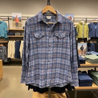 Columbia Plaid Flannel Button-Up Shirt Blue Gray Chest Pocket Women's L