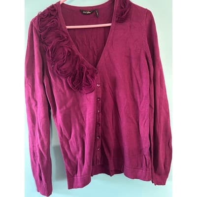 Daisy Fuentes Cardigan Sweater Womens Large Purple Floral Rosette Button Up - Image 1