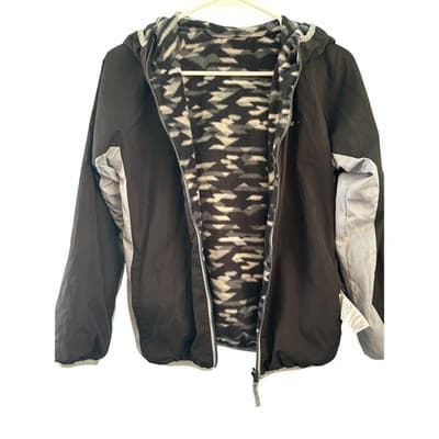 Eddie Bauer Kids Hooded Jacket Size M 10/12 Black Grey Camo Fleece Lined Zip Up - Image 1