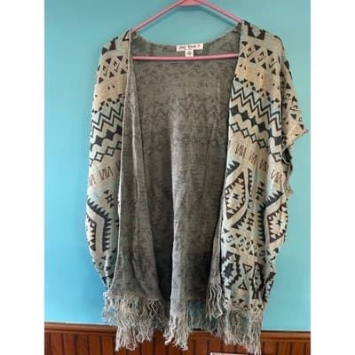 Say What? Cardigan Sweater Womens S/M Southwestern Tribal Fringe Open Front Teal - Image 1