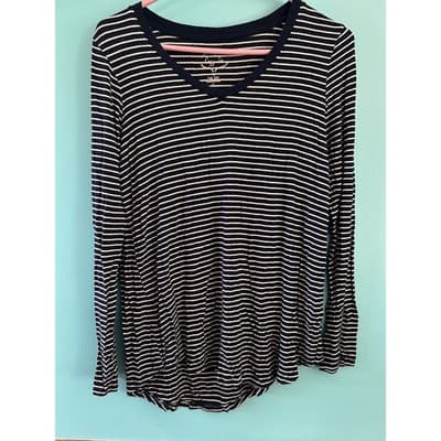 Pink Rose The Cozy Tee Long Sleeve V-Neck Shirt Navy White Small PF628995BT - Image 1