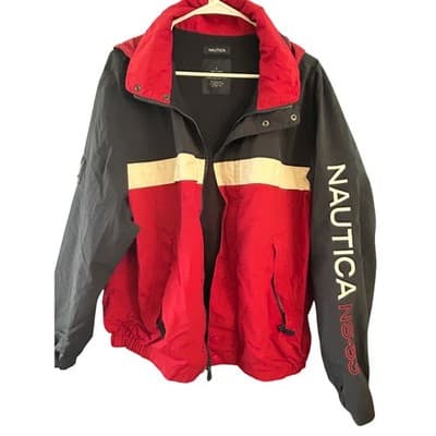 Nautica NS-83 Windbreaker Jacket Mens Large Red Blue Colorblock Mesh Lined Vtg - Image 1