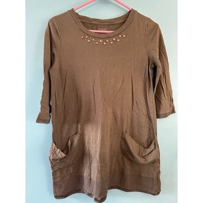 LOGO Lori Goldstein Tunic Top XXS Olive Brown Studded Neck Pockets 3/4 Sleeve - Image 1