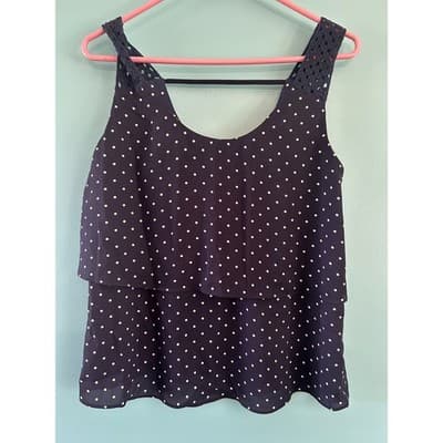 Maurices Navy Polka Dot Tiered Tank Top Size M Crochet Lace Strap Blouse - Image 1