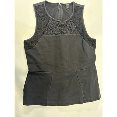 J.Crew Sleeveless Peplum Top XS Black Floral Lace Yoke Zip Back Blouse - Image 1