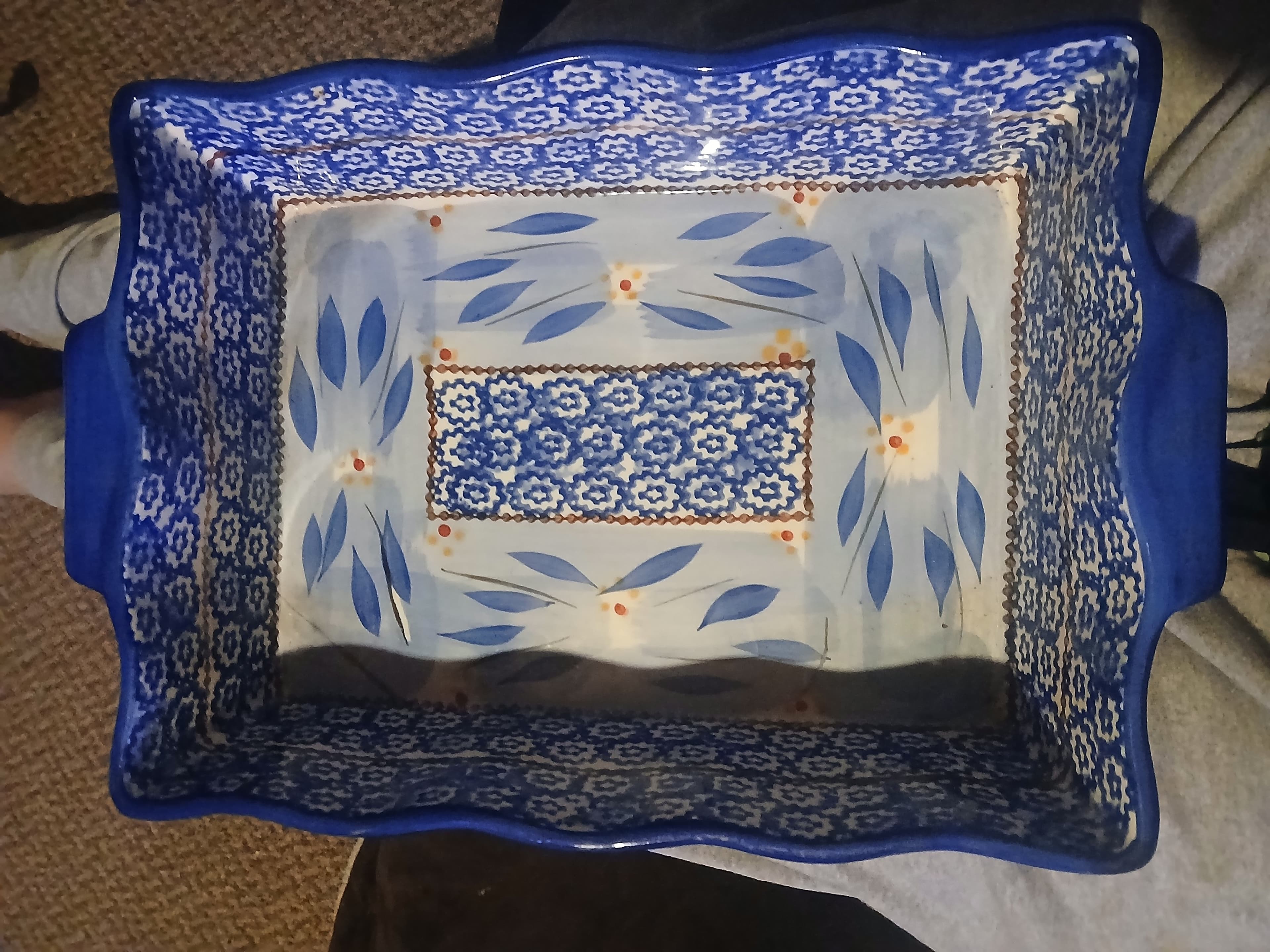 Vintage Blue Floral Ceramic Baking Dish - Image 1