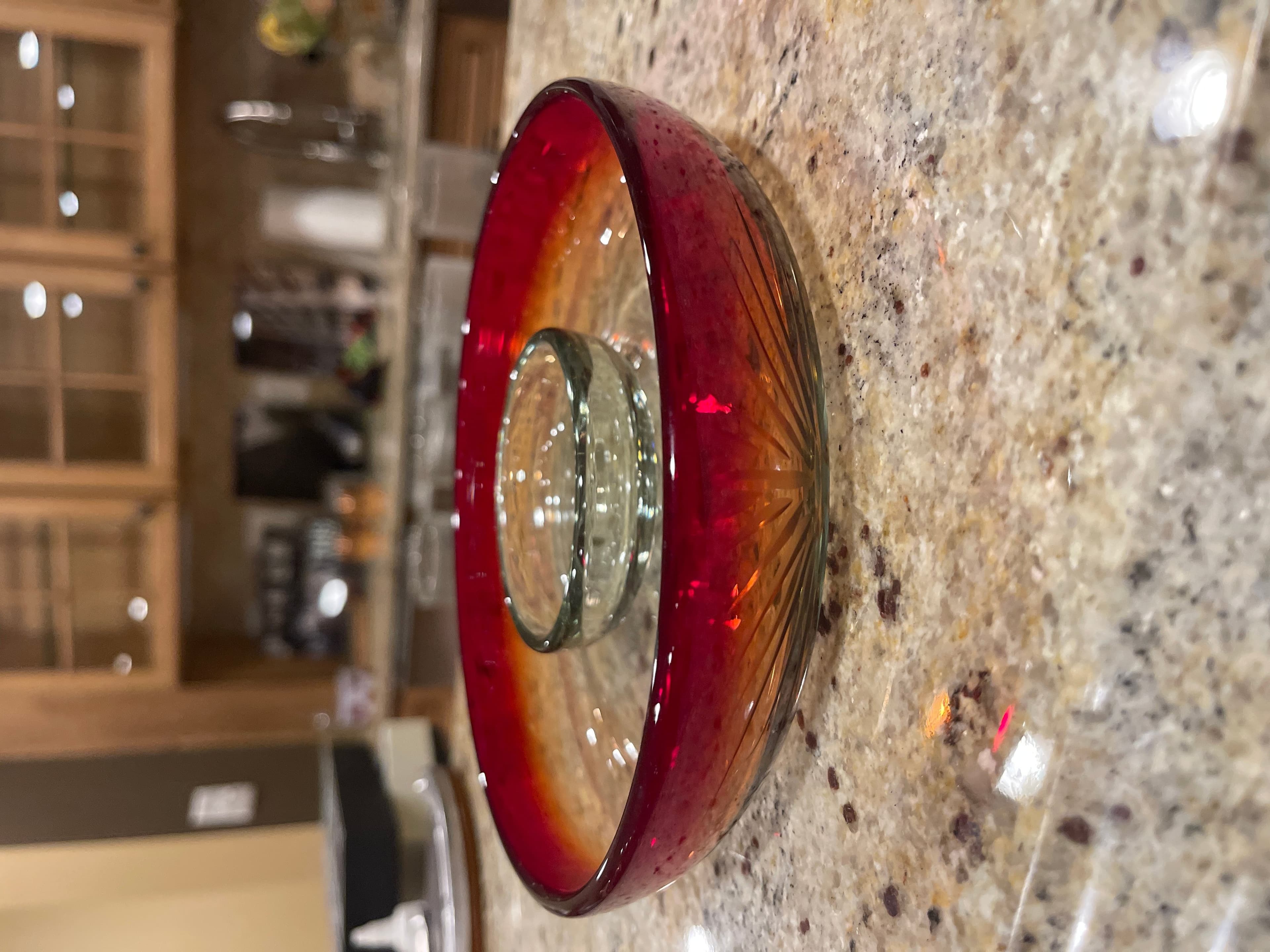 Vintage Amberina Hand Blown Shrimp Cocktail Dipping Bowl, 6 5/8" diameter, 1 1/4" tall, starburst design, preowned - Image 1