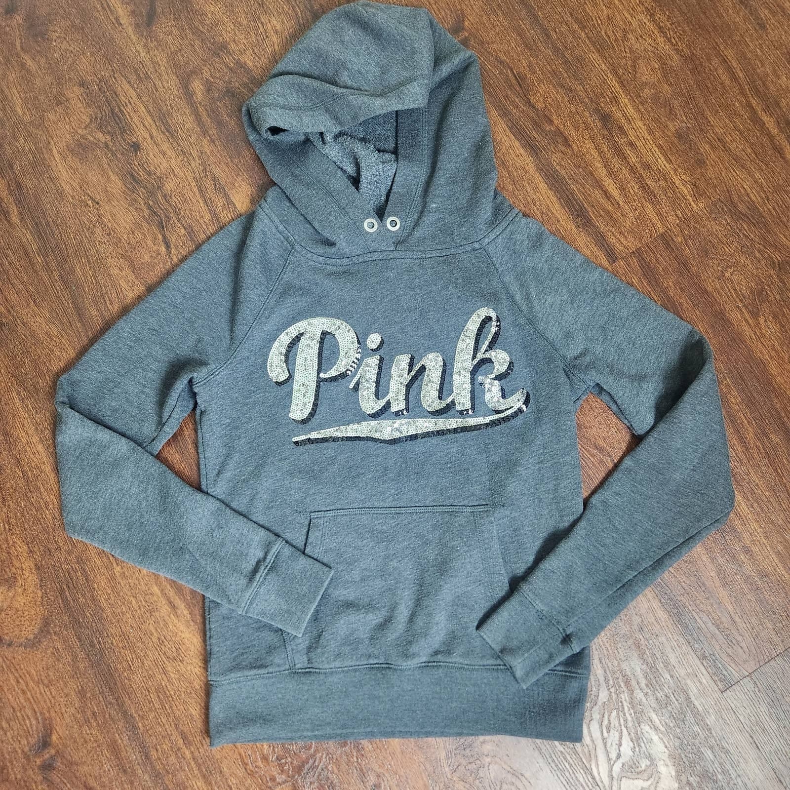 VS PINK Heather Gray Pullover Hoodie Hooded Sweatshirt Bling Script Logo XS - Image 1