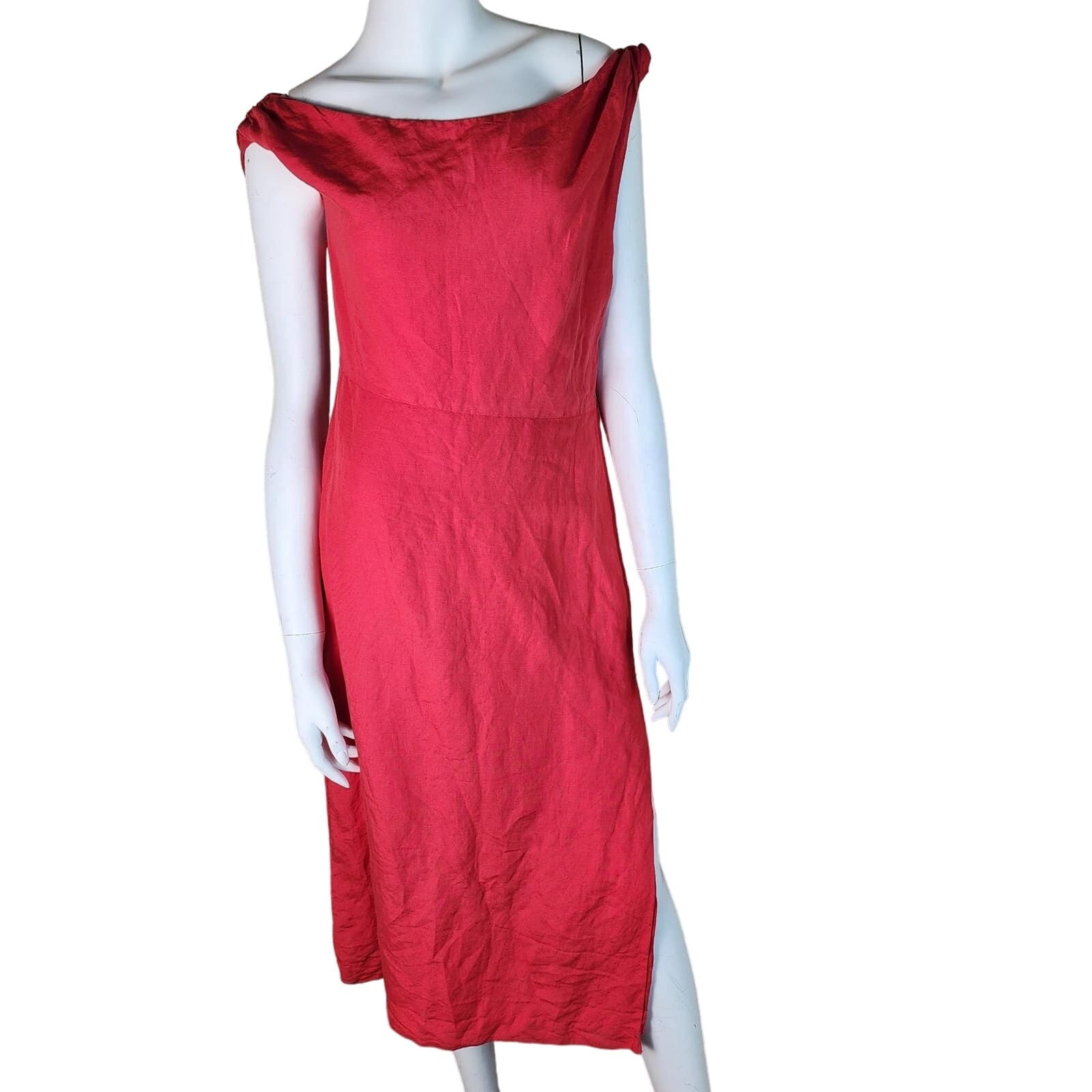 by Anthropologie Red Linen Blend Midi Length Dress Asymmetrical Neckline, S - Image 1