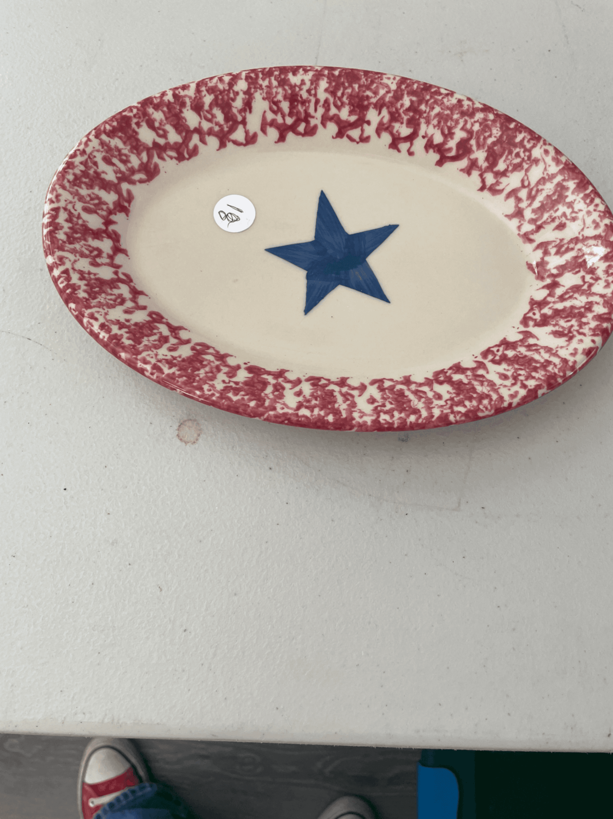 Vintage Oval Platter with Red Rim and Blue Star Design