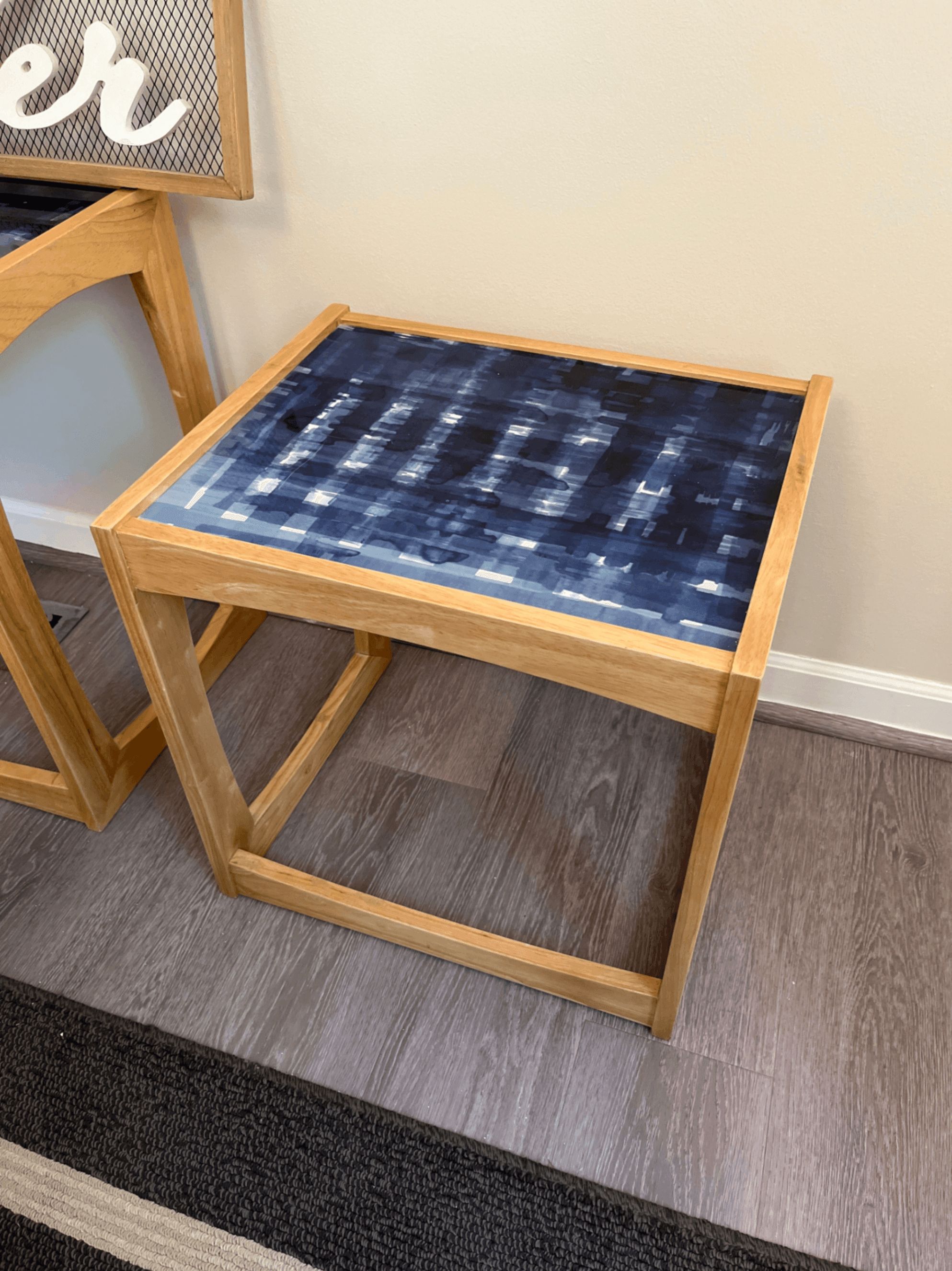 Wooden Side Table with Blue Abstract Top