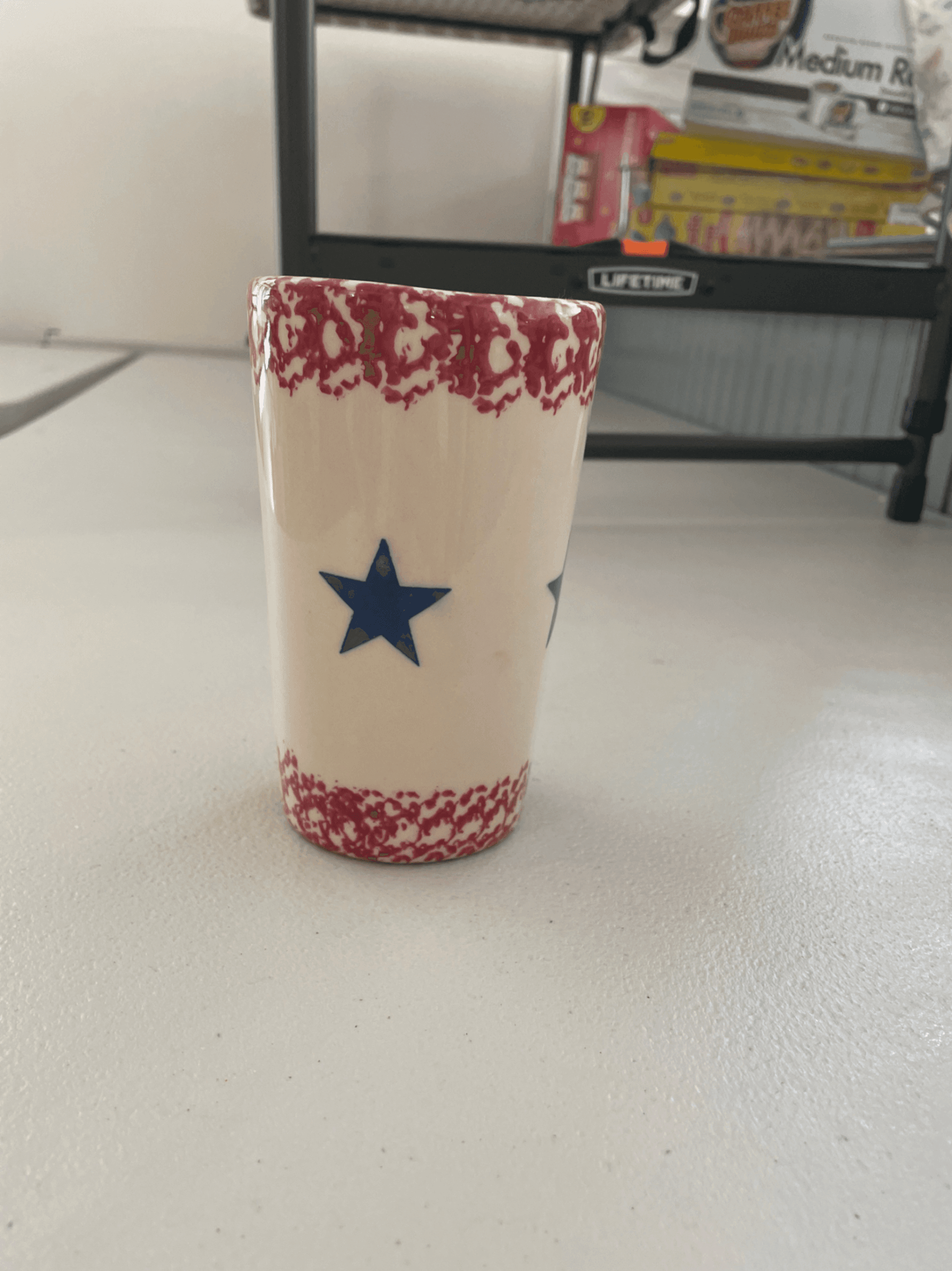 Set of 9 Patriotic Ceramic Mug with Blue Stars and Red Trim