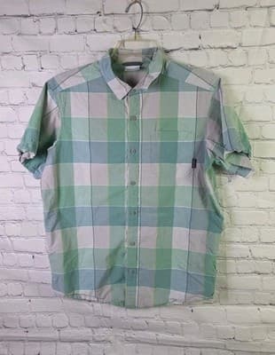 Columbia Shirt Men's Medium Green Grey Windowpane Plaid S/S Button Up Shirt