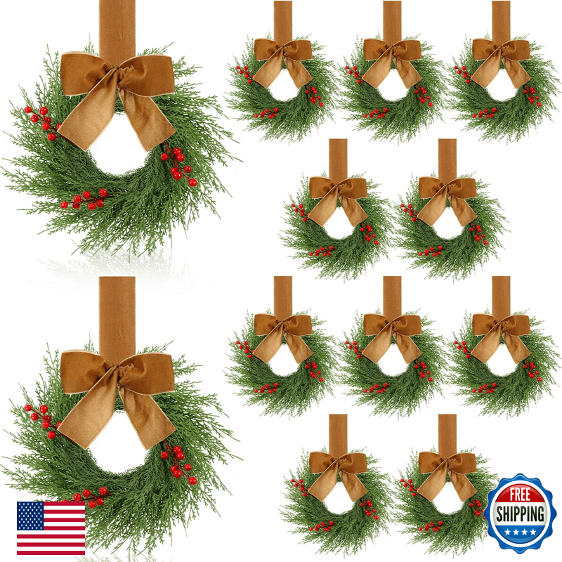 Knitgrip 12 Pcs 9 Small Christmas Kitchen Cabinet Wreaths Plaid Bow Ribbon Mini - Image 1