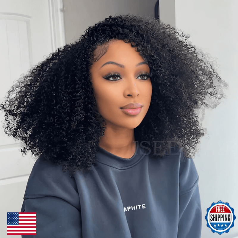 Isee Half Wig Afro Curly 3 In 1 Glueless Wigs Human Hair Seamless Kinky Curly - Image 1