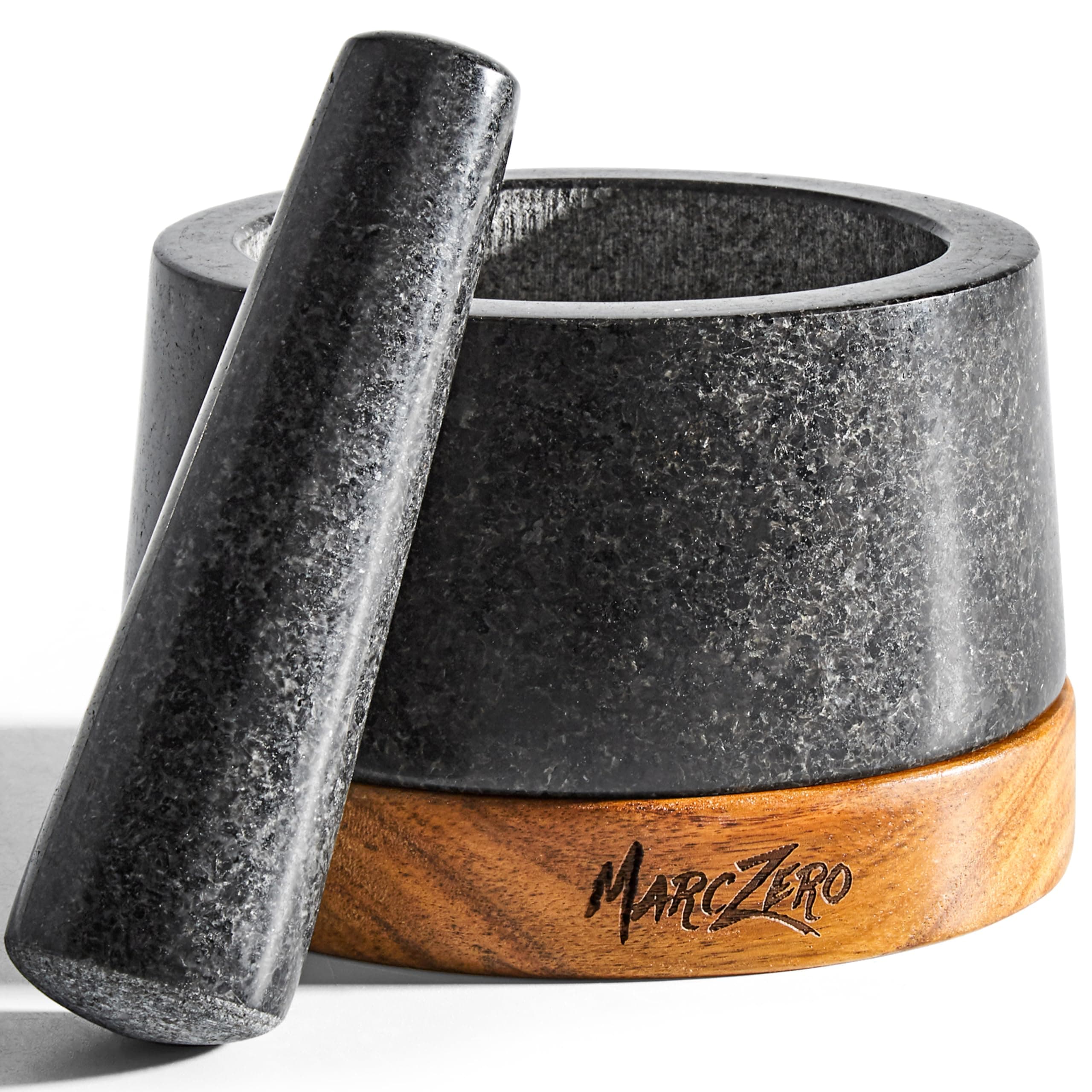 MarcZero 6" Large Granite Mortar & Pestle Set w/ Anti-Scratch Wood Base - Image 1