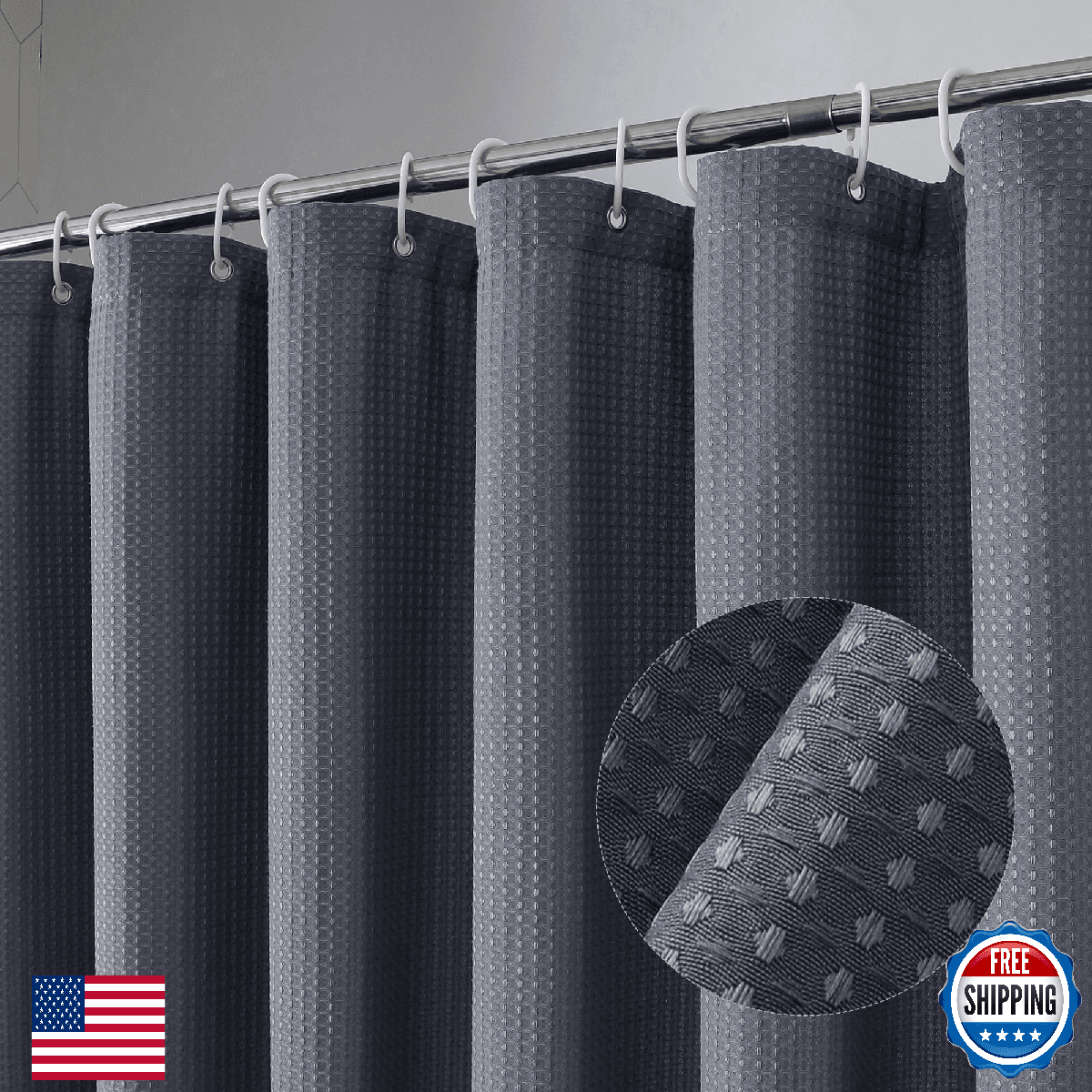 OVZME 84" Grey Waffle Weave Shower Curtain Set - Heavy Duty Cloth - Image 1