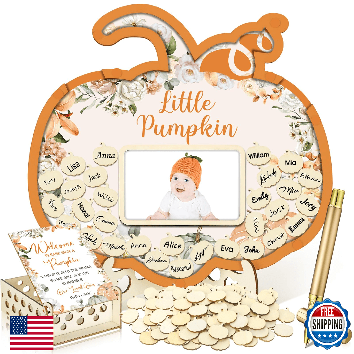 Wenqik Little Pumpkin Baby Shower Guest Book Alternative Set - 63 Pcs - Image 1