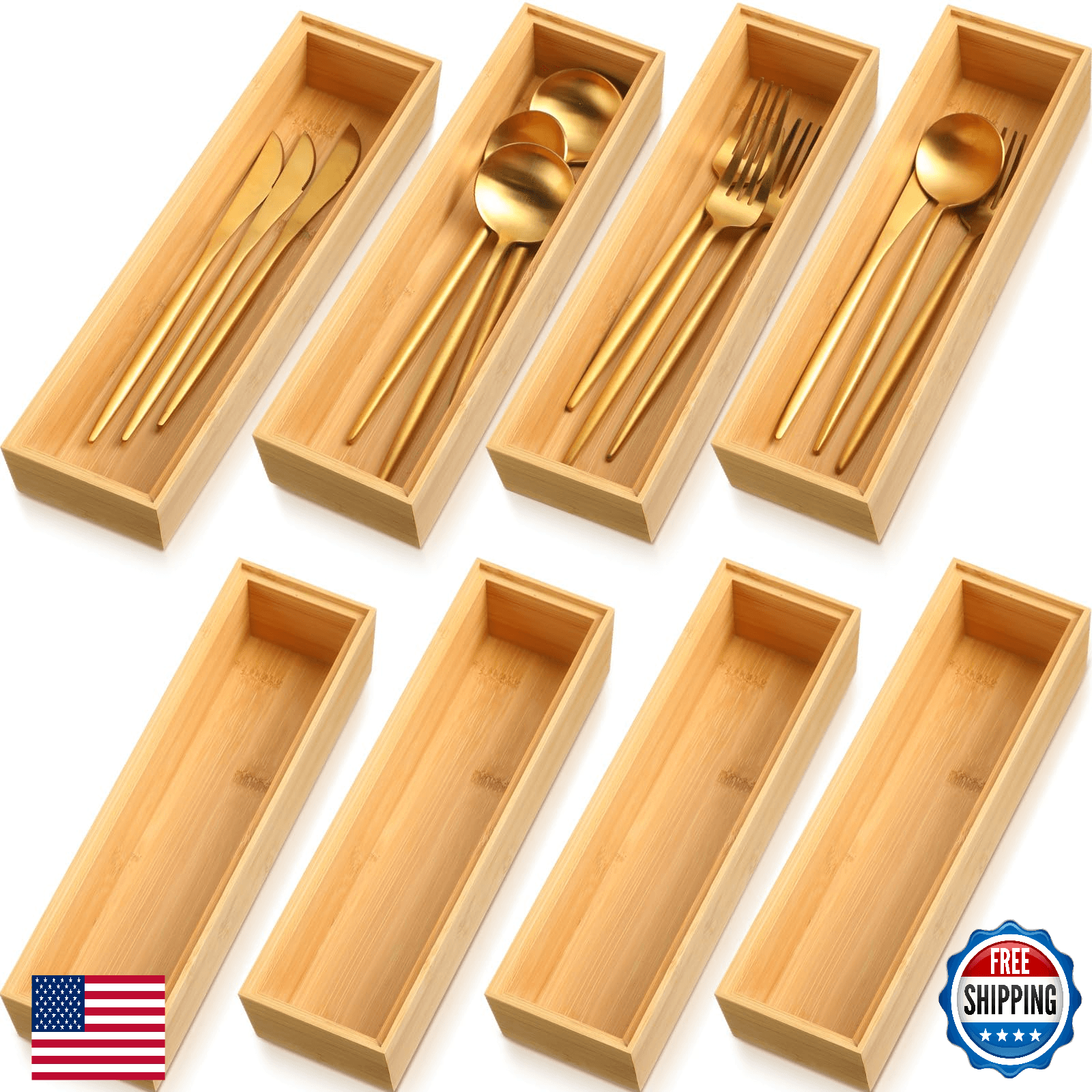 Kigley 8-Piece Bamboo Drawer Organizer Kitchen Utensil Wooden Stackable - Image 1