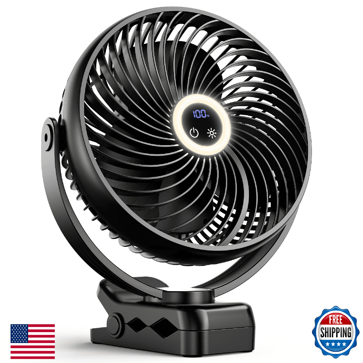 xasla 10000mAh Portable Clip On Fan w/ Light, 8 Inch Rechargeable, Quiet, 24H - Image 1