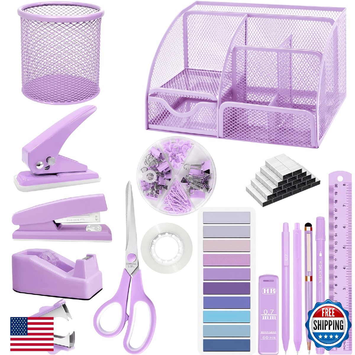 Purple Desk Accessories, 17Pcs Purple Office Supplies Set with Stapler, Mesh Des - Image 1