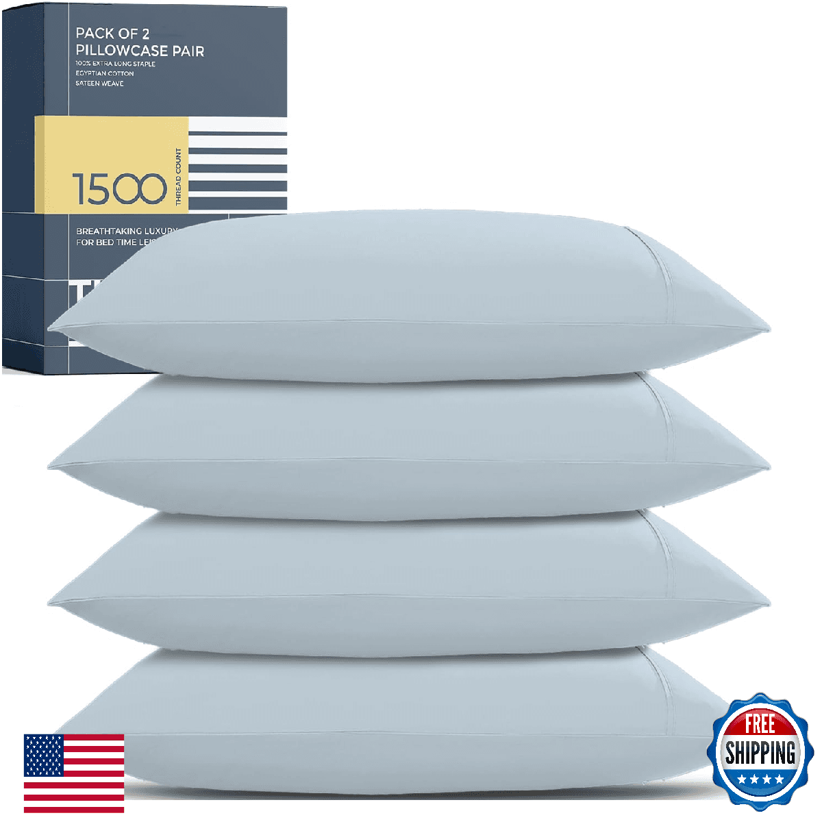 Egyptian Cotton Pillow Cases Queen Size Set of 2 1500TC Light Blue Luxury Hotel - Image 1