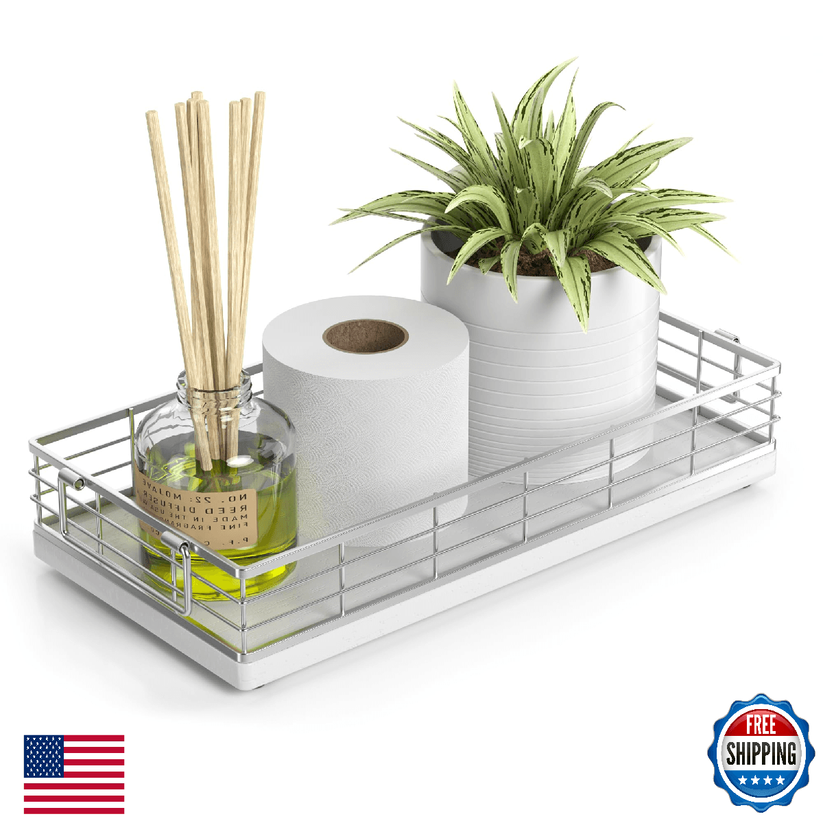 JNFUZ 13in Oak Iron Toilet Paper Basket Bathroom Tank Tray Top Storage Caddy - Image 1
