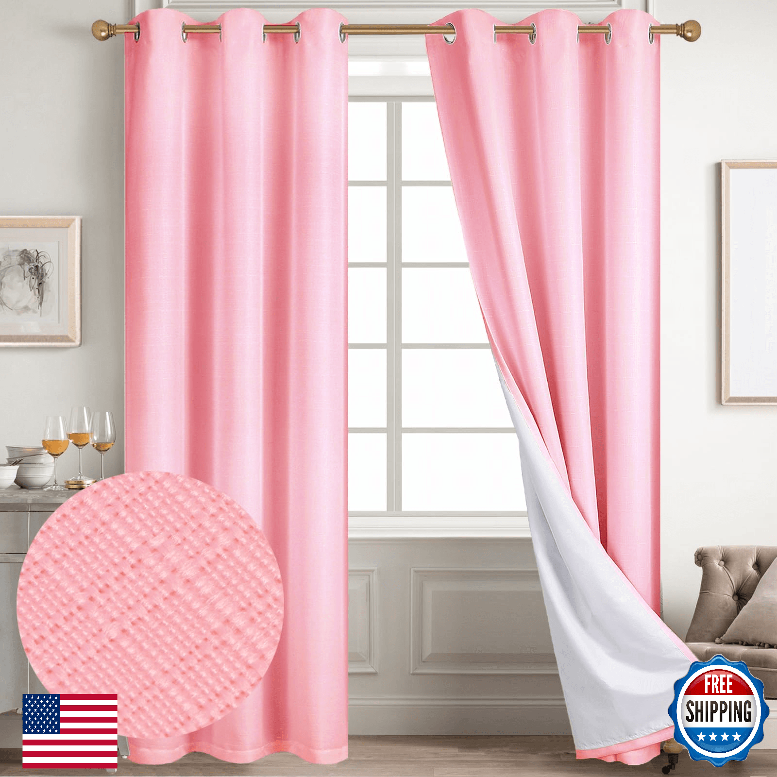 Diraysid 100% Blackout Curtains Pink Linen Curtains for Bedroom Grommet Thermal - Image 1