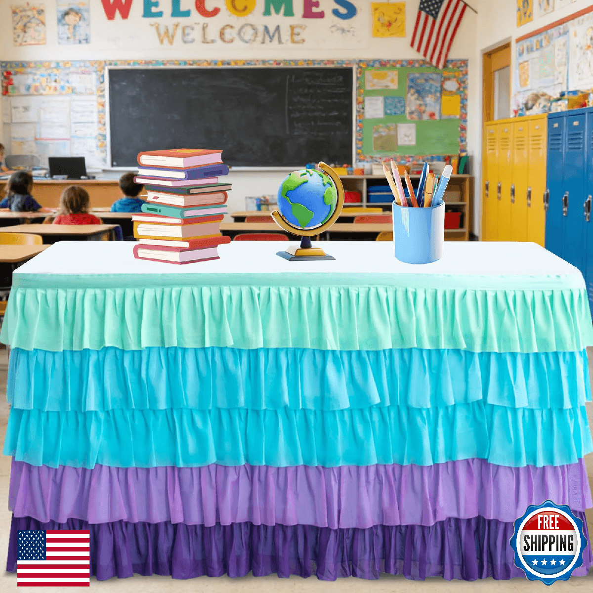 Pufogu Mermaid Tulle Table Skirt 9ft Tutu Ruffled Chiffon Tablecloth for Rectang - Image 1