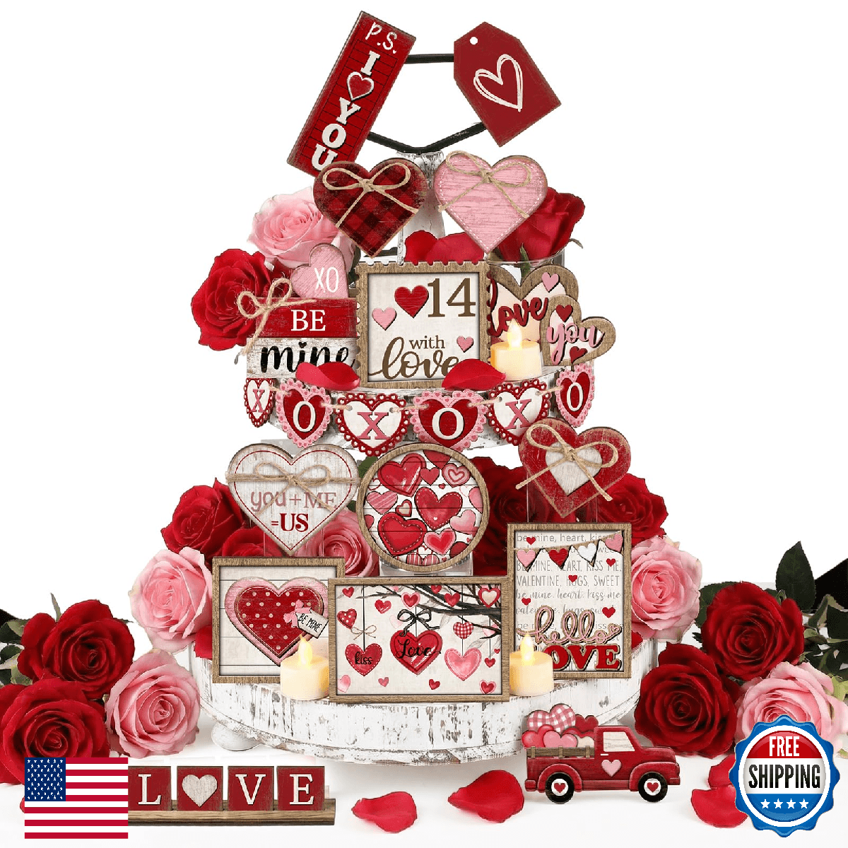 Moucuny 24 Pcs Vintage Farmhouse Valentine's Day Tiered Tray Decor Set Heart Woo - Image 1