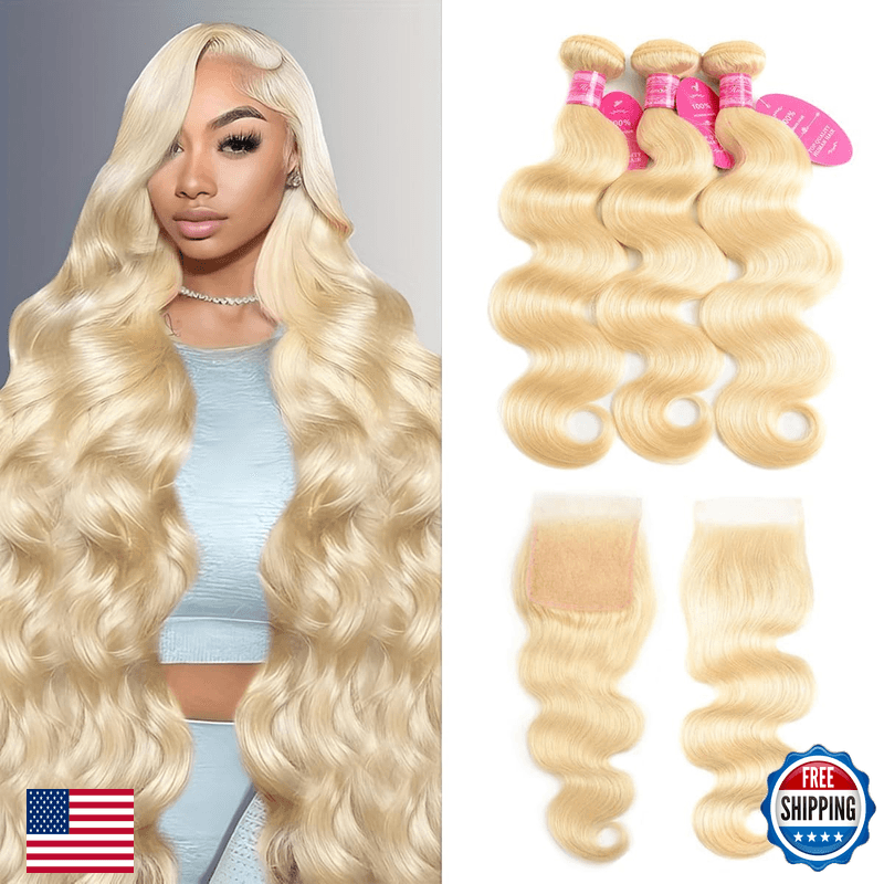 Amaykai 613 Bundles Blonde Human Hair Body Wave Bundles Closure 16 18 2014 Inch - Image 1
