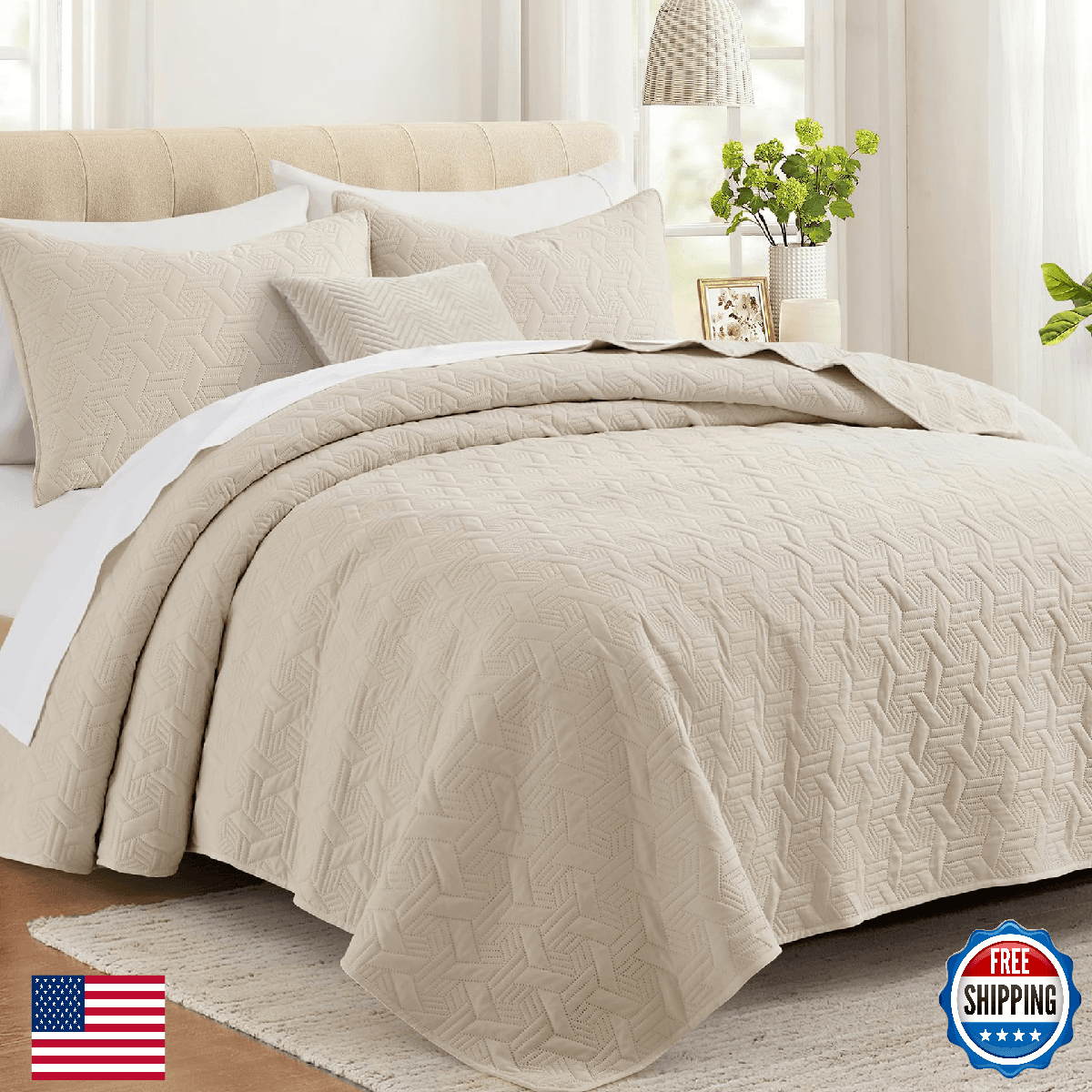 Lavsiry Beige Queen Quilt Bedding Set W/ Shams, Lightweight Summer - Image 1